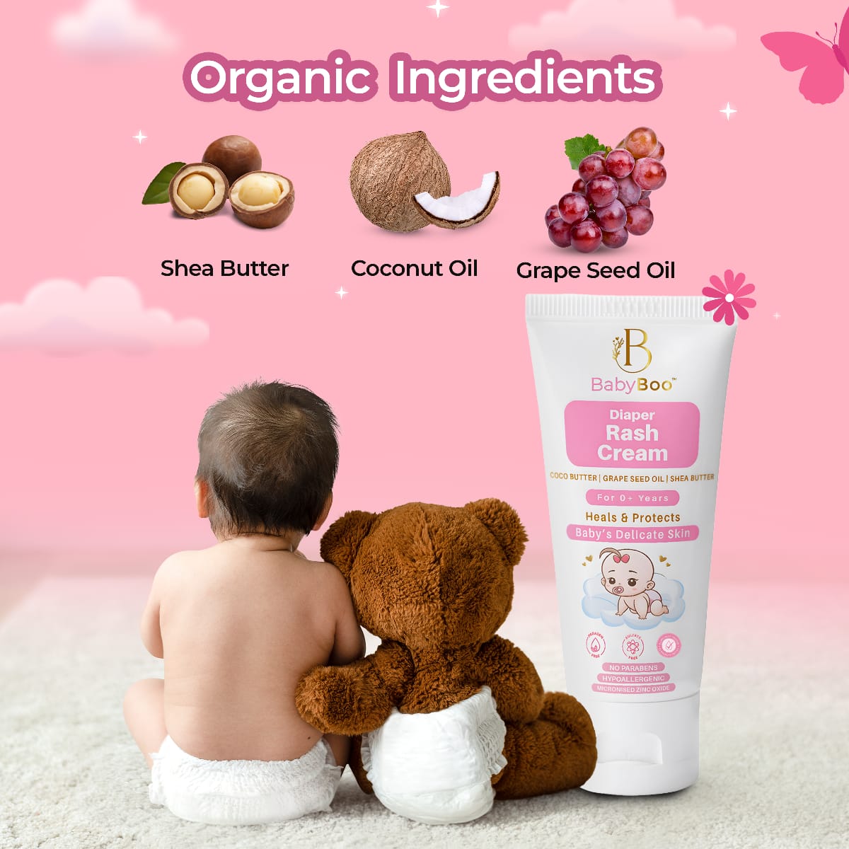 BabyBoo Diaper Rash Cream with Shea Butter, Coco Butter & Grape Seed Oil - 75g | Heals & Protects Baby's Skin