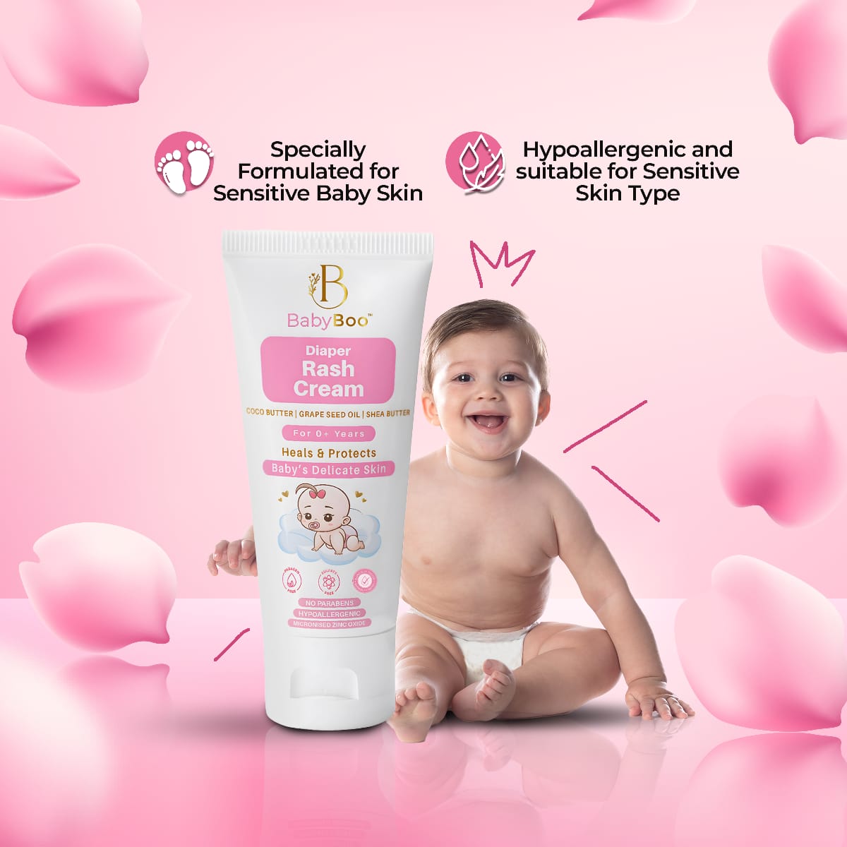 BabyBoo Diaper Rash Cream with Shea Butter, Coco Butter & Grape Seed Oil - 75g | Heals & Protects Baby's Skin