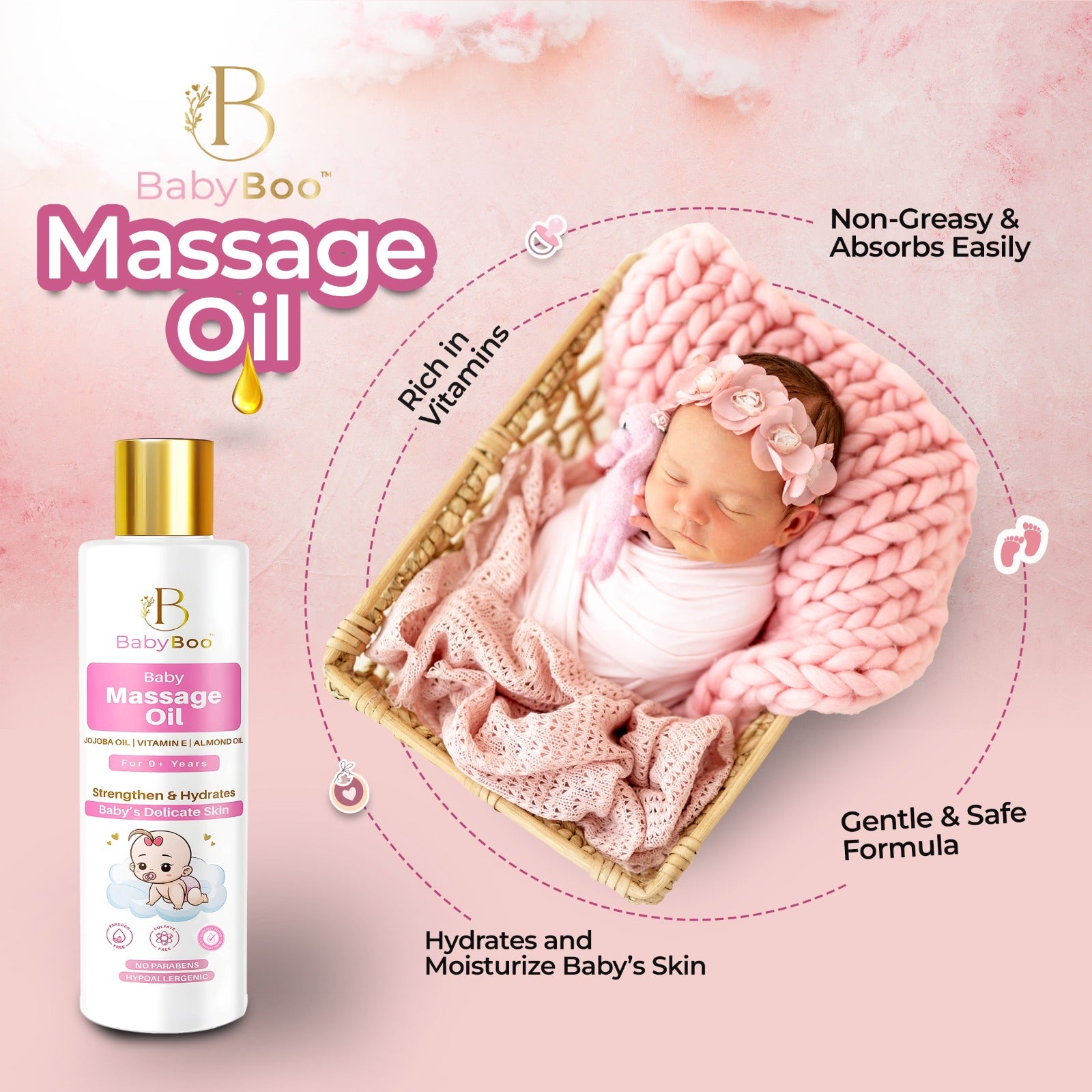 BabyBoo Baby Massage Oil with Vitamin E, Jojoba Oil & Almond Oil- 100ml | Non Sticky and Non Greasy | Nourishes & Strengthens Baby’s Body